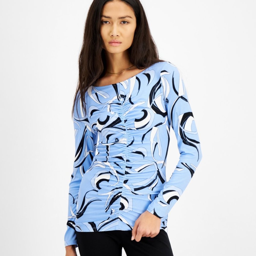 NWT Inc International Concepts Blue & White Ruched Printed Top Size Large